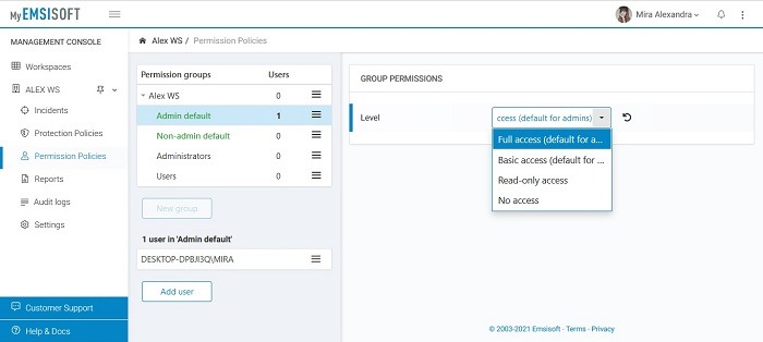 Políticas de permiso de revisión de Emsisoft