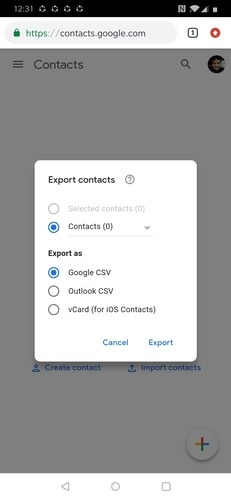 Contactos de exportación de Google