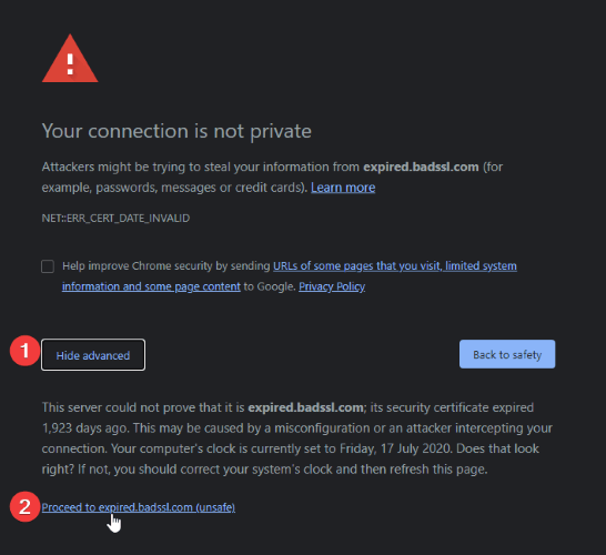 Error de privacidad de Chrome Continuar