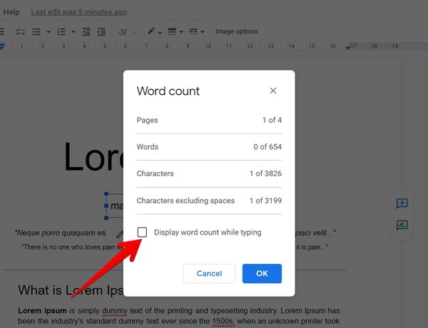 Cuenta de palabras de Google Docs mientras se escribe