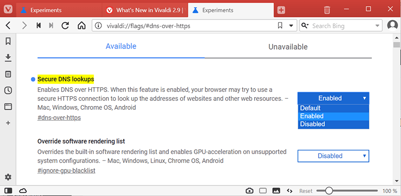 Dns sobre Https Habilitar Vivaldi