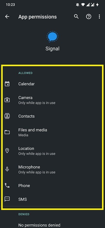 La aplicación Signal no funciona con todos los permisos