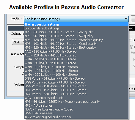 Seleccionar perfiles de audio en Pazera Audio Converter