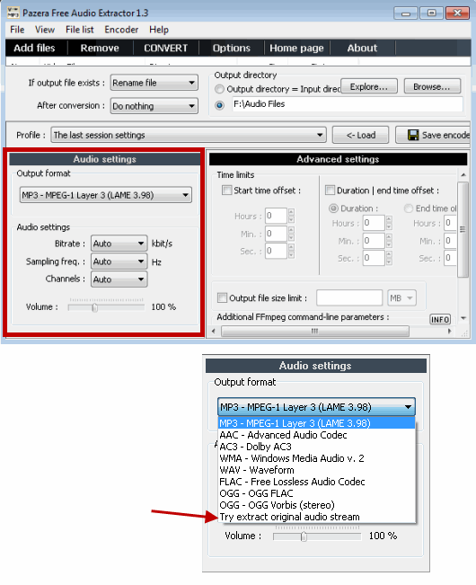 Seleccione el formato de salida para la conversión de audio