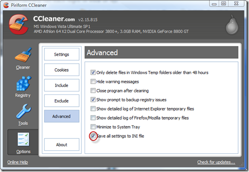 automatizar las opciones avanzadas de ccleaner