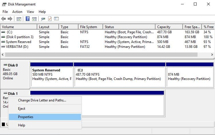 Propiedades del disco de extracción rápida USB