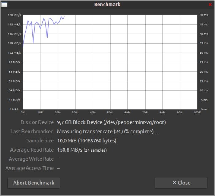 Benchmarking de la utilidad de disco de Gnome Benchmark iniciado