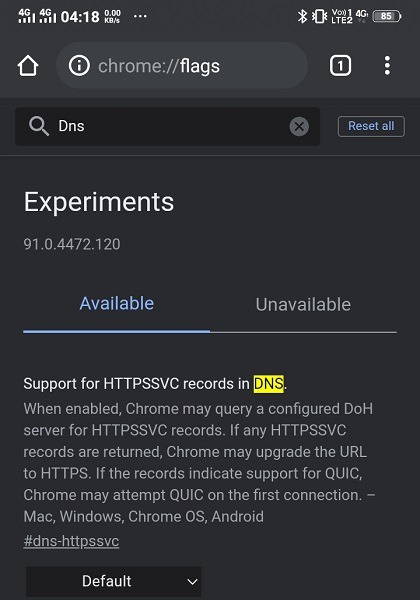 Chrome Android marca Dns sobre Https