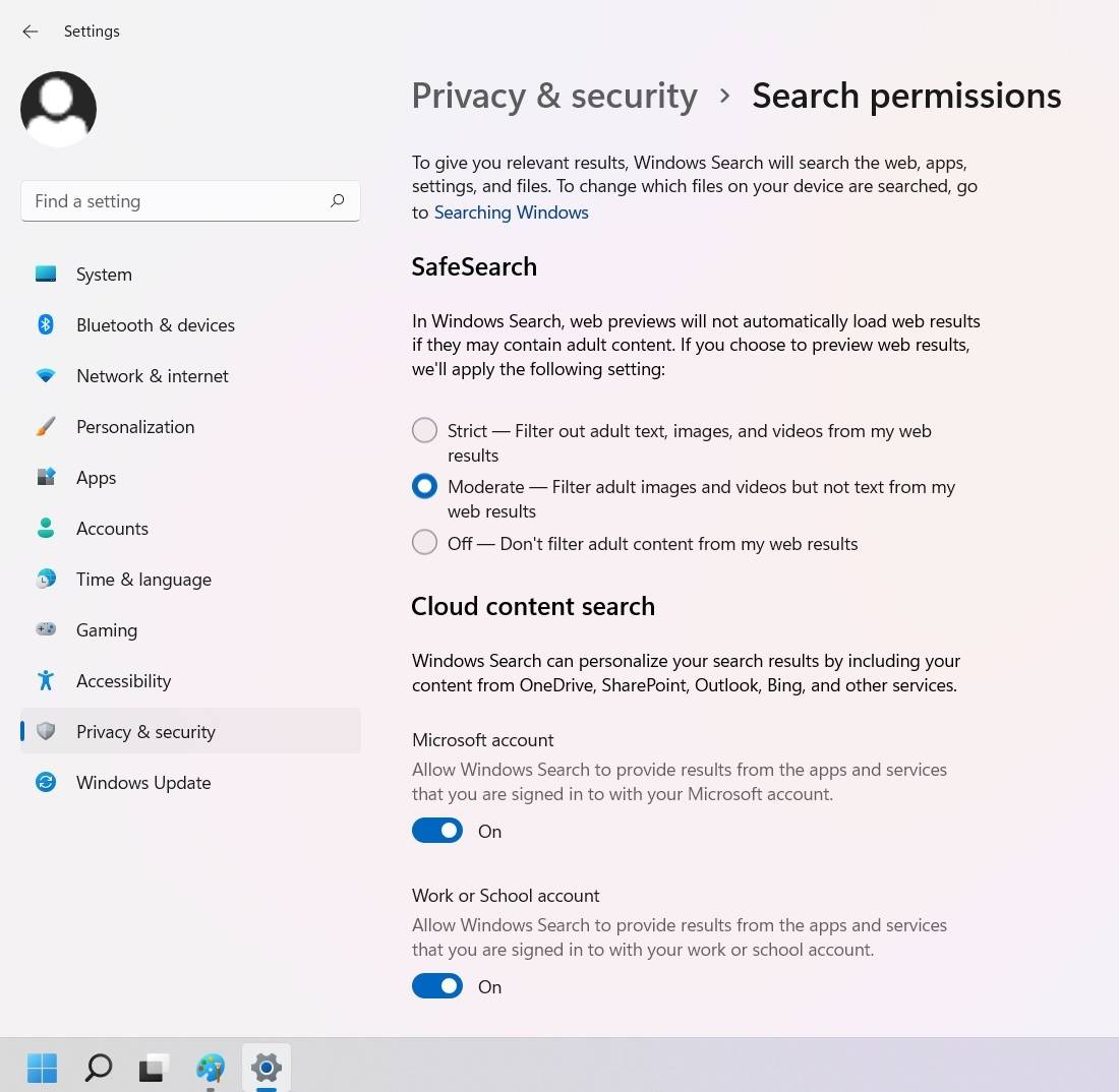 Windows11 Search Safesearch y búsqueda en la nube