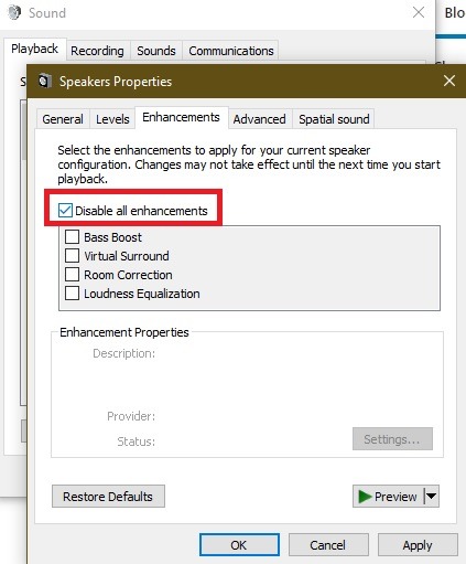 Solucionar problemas con el gráfico de aislamiento de dispositivos de audio de Windows Mejorar las propiedades de sonido