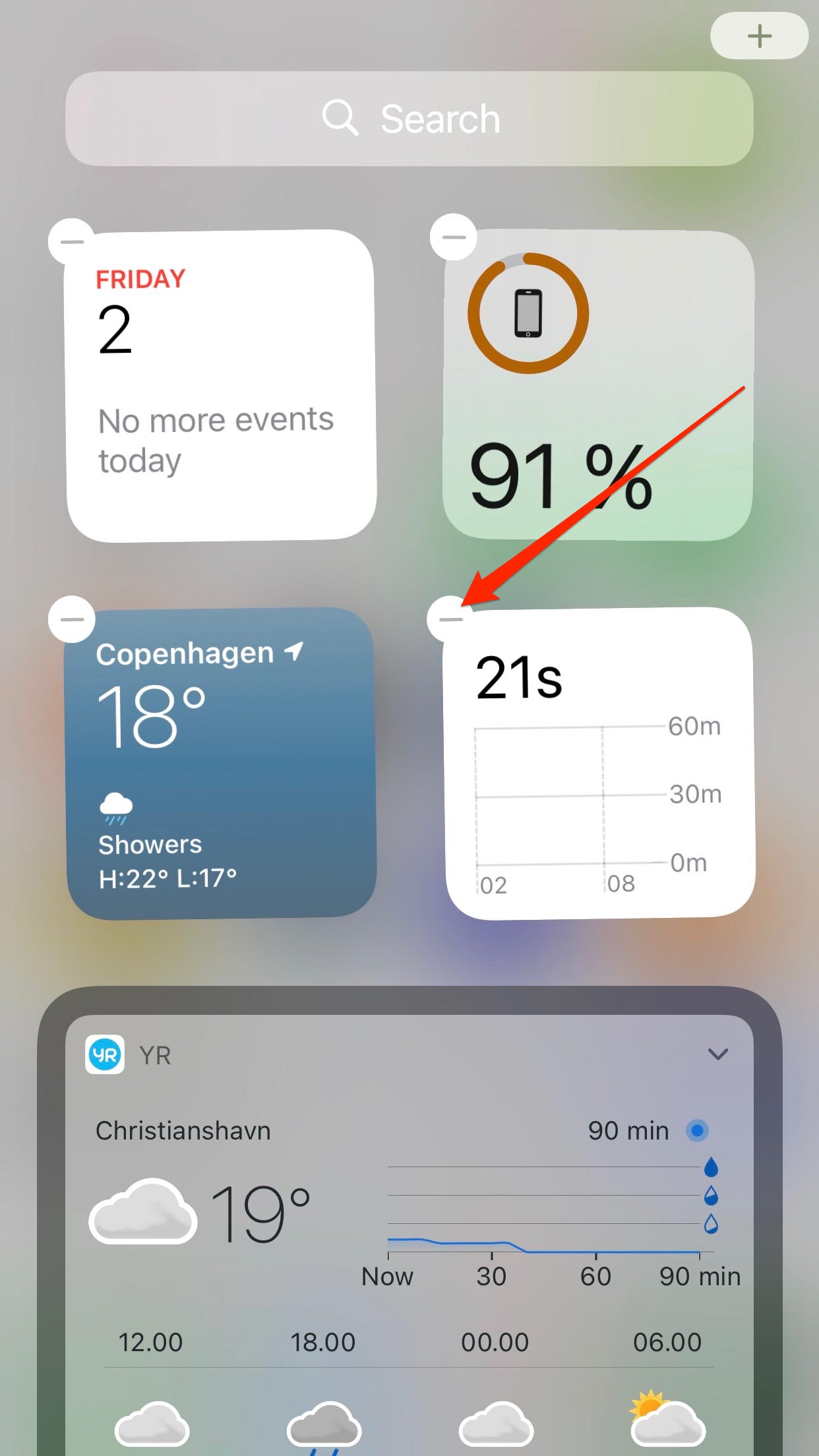 Captura de pantalla que muestra la pantalla del widget de iPhone temblando con la opción de eliminar Screen Time