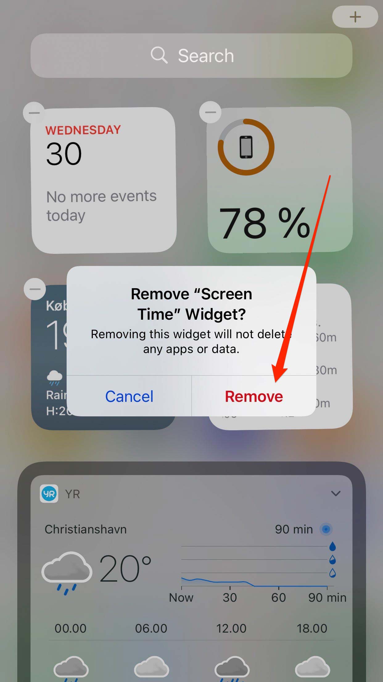 Captura de pantalla que muestra la opción para eliminar el widget Screen Time del iPhone