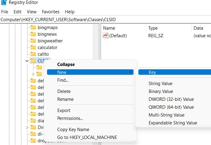 Win11 Menús contextuales Regedit Clsid Newkey
