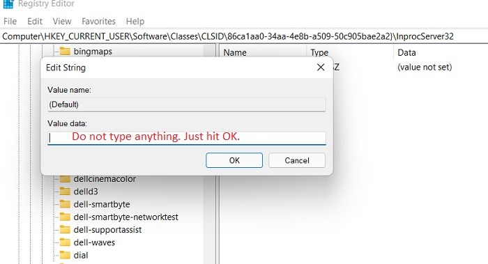 Win11 Menús contextuales Regedit Inprocserver32 Valor En blanco