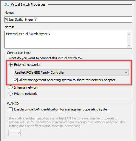 configuración del conmutador virtual win10 hyper-v