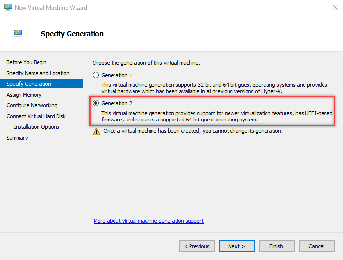 win10 hyper-v seleccionar generación