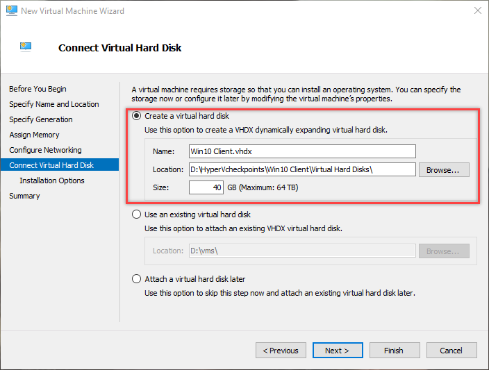 configuración del disco virtual win10 hyper-v