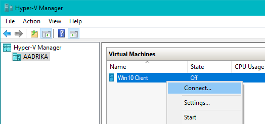 win10 hiper-v haga clic en conectar