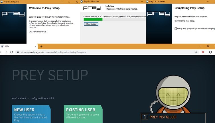 Prey-1.8.1 Pantallas de configuración del tablero e instalación de la PC de destino