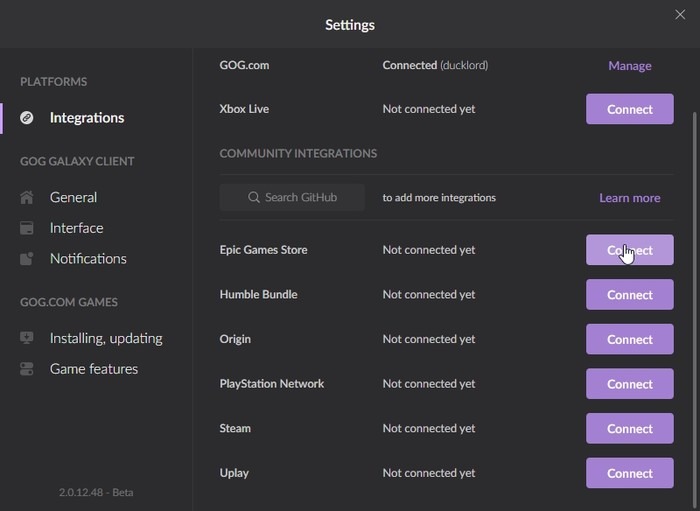 Integraciones de juegos multiplataforma de Gog Galaxy 2