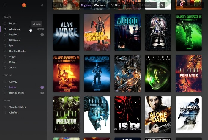 Lista de filtros de juegos multiplataforma de Gog Galaxy 2