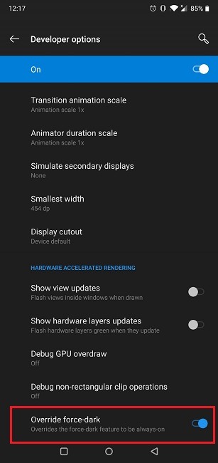 Cómo forzar el modo oscuro Opciones de desarrollador Forzar el modo oscuro