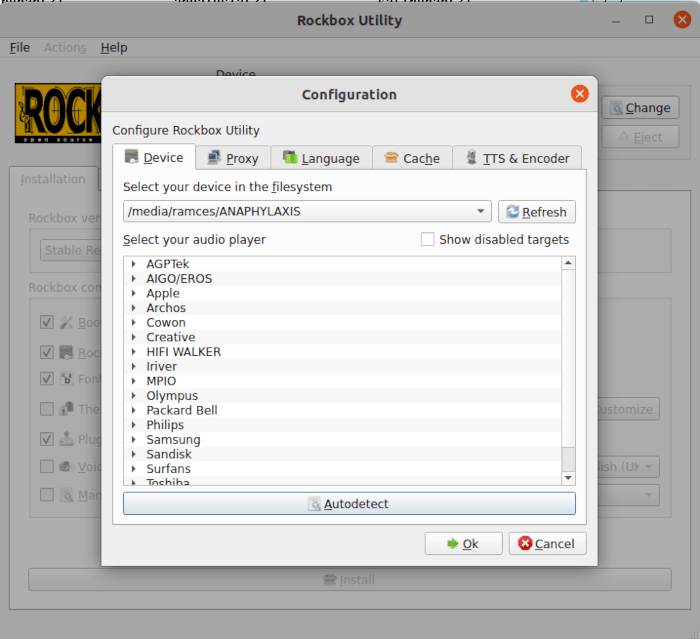 Configuración de la utilidad de instalación de Rockbox