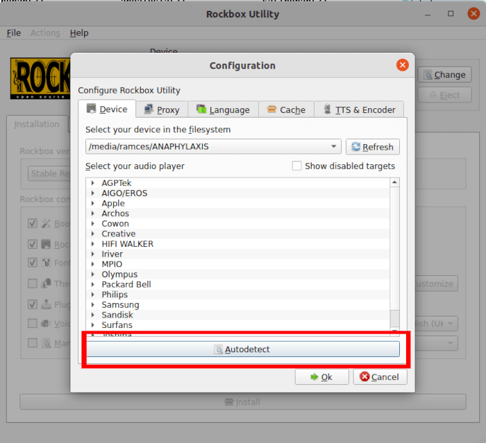 Configuración de instalación de Rockbox Detección automática