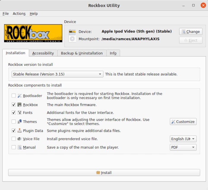 Pestaña de instalación de la utilidad Rockbox Install