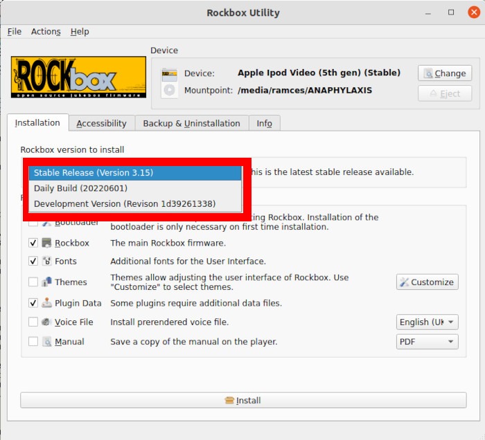 Seleccionar versión de instalación de Rockbox