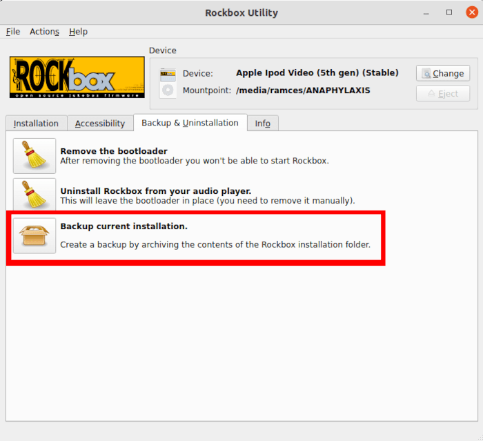 Botón de copia de seguridad destacado de instalación de Rockbox