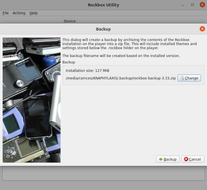 Opciones de copia de seguridad de instalación de Rockbox