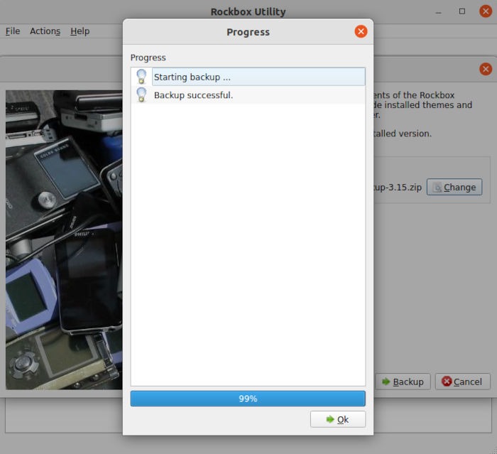 Progreso de la copia de seguridad de la instalación de Rockbox