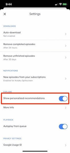 Configuración de recomendaciones de iOS de Google Podcasts