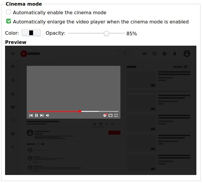 Opciones de cine de Firefox Better Youtube Enhancer