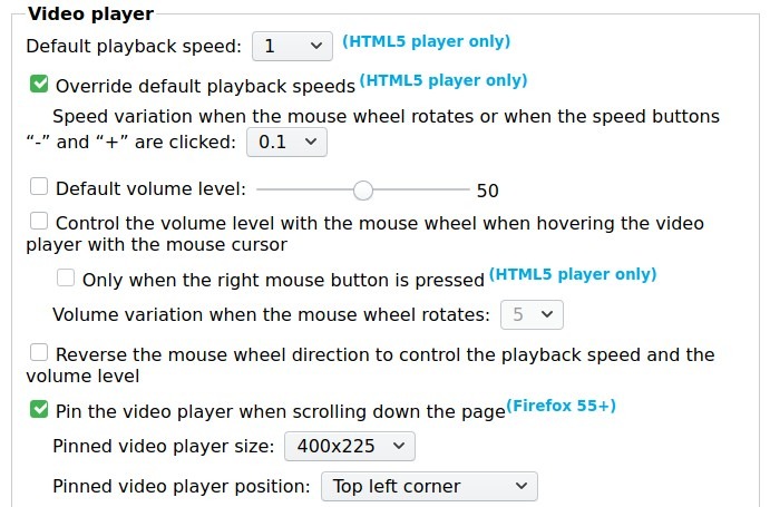 Opciones del reproductor de vídeo Firefox Better Youtube Enhancer