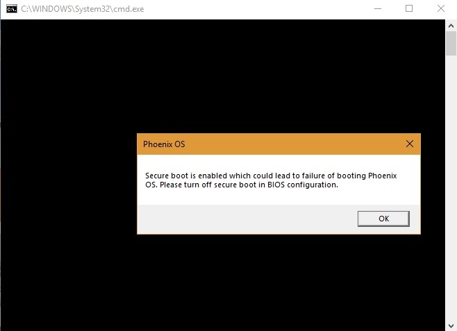 Error de arranque seguro de Phoenix OS