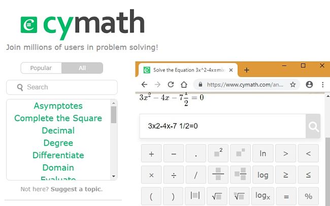 Cymath resuelve la ecuación cuadrática paso 1