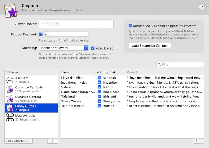 Expansión de texto de fragmentos de Alfred Workflows