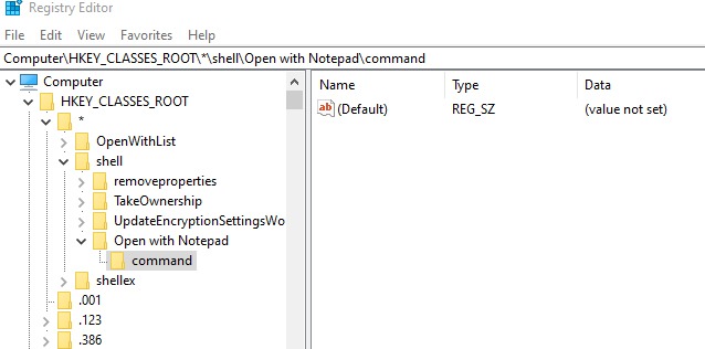 Agregar Abrir con el menú contextual del Bloc de notas Windows 10 Regedit