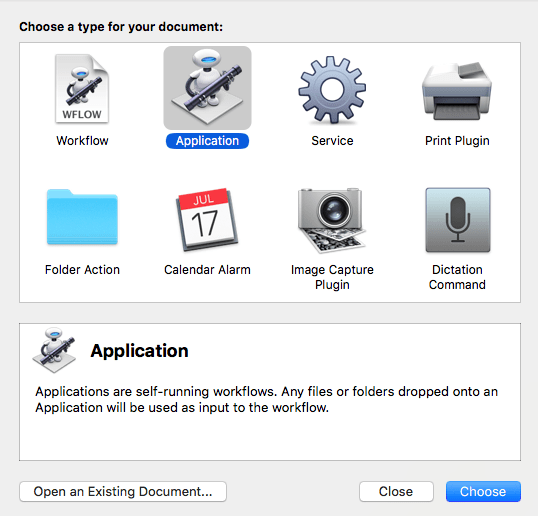 Cuando inicie la aplicación Automator, tendrá la opción de crear varios tipos de documentos, incluidos flujos de trabajo, aplicaciones y servicios.