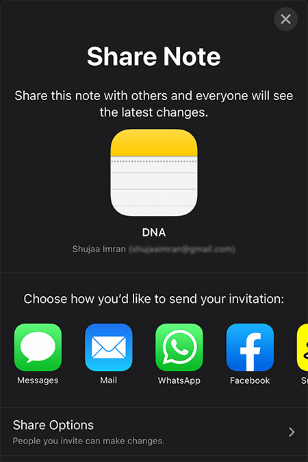 Collaborate Notes Opciones para compartir de iOS