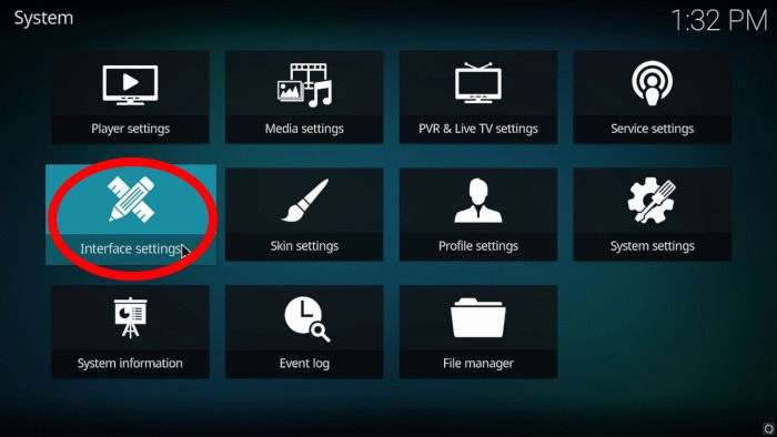 Configuración de la interfaz del menú del sistema de controles parentales de Kodi