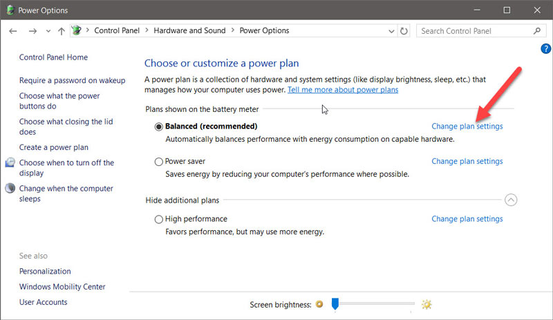 Configuración del plan de energía de Windows 10