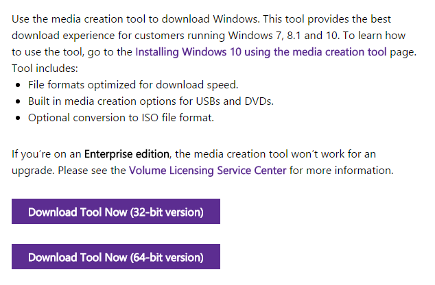 disco de arranque de Windows 10 - página de herramientas de descarga