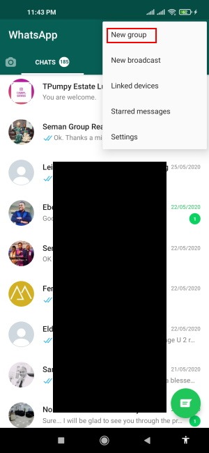 Cómo crear un grupo de Whatsapp Abra Whatsapp Toque Nuevo grupo