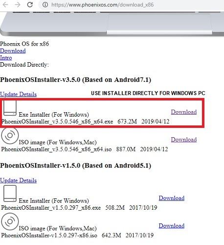 Opciones de descarga de Phoenix OS