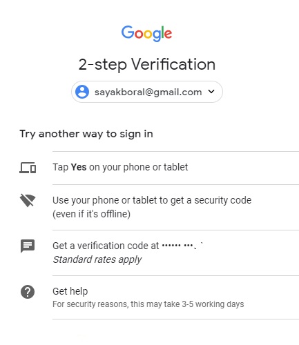 Pantalla de verificación de dos pasos de Google con múltiples opciones para iniciar sesión