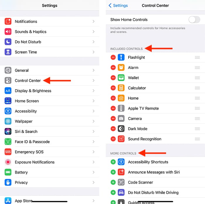 Aplicación de configuración de iPhone de pantalla de registro