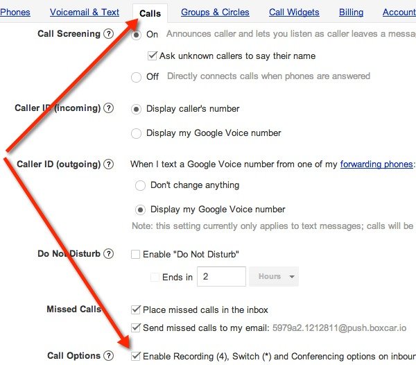 Asegúrese de que las opciones de llamada estén habilitadas en la configuración de Google Voice para grabar llamadas.